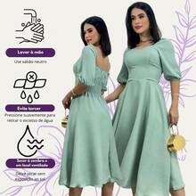 Vestido Feminino Midi Com Manga Bufante Forrado Soltinho - Verde claro - Visão 7