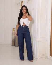 Women's Wide Leg Jeans, 100% Denim Fabric, High Waist On - 深色水洗藍 - 查看 4