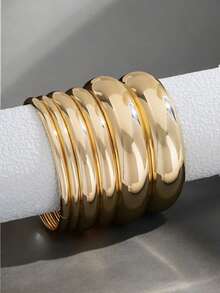 6 件复古金色简约光滑圆形手镯套装，时尚街头风格夸张女士珠宝配饰