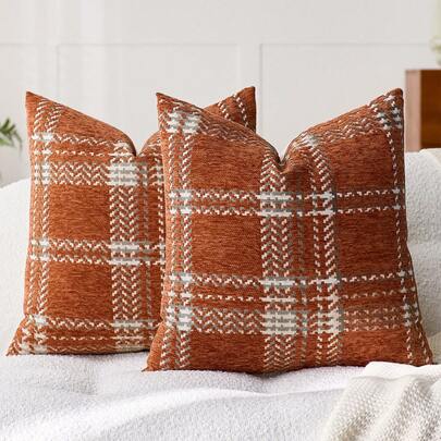 1 件（无插入物）橙色波西米亚格子抱枕套，现代时尚舒适柔软提花雪尼尔彩色 3D 苏格兰格子靠垫套，适合日常家居、沙发、床、卧室、客厅装饰、日常和节日聚会装饰，四季皆宜