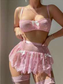 5pcs/Set Women Sexy Romantic Lace Mini Skirt With Stocking Lingerie Set, For Christmas - Hồng - Xem 5