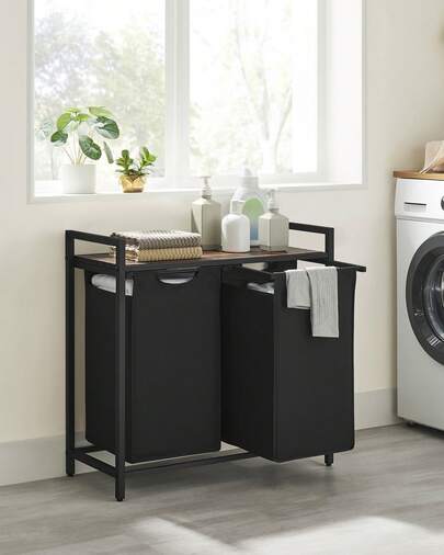 Cesto Portabiancheria, Porta Biancheria, 2 Sacchi in Tessuto Oxford Estraibili e Rimovibili, Piano d'Appoggio, Struttura Metallo, 2 x 46L, 73 x 33 x 72 cm, Marrone Vintage e Nero, Ritorno a Scuola