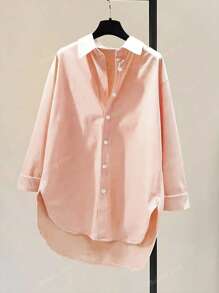 Women's Casual Loose Button-Up Color Block Front Short Back Long Shirt For Daily Commute, Spring/Autumn