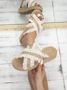 Kate Miuch 经典复古休闲时尚女鞋，适合海滩度假、情人节约会、派对及其他室内/室外场合，卡其棕色/浅米色带流苏，法式都市明星风平底凉鞋 - 卡其色 - 查看 3