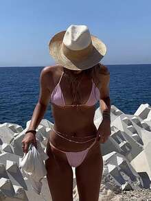 1pc Women's Summer Straw Panama Hat, Wide Brim Sun Protection Vacation Beach Cap, Suitable For Evening Party, Outdoor Sun Shading - Solid Color - View 9