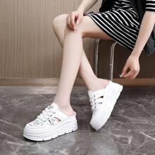 Summer's Popular New Thick-Soled Height-Increasing Casual Shoes For Women, Fashionable Perforated Shoes, Half-Slipper With A Breadhead, Breathable Casual Sports Shoes, Soft-Soled, Anti-Slip Yellow, Versatile, Lightweight And Fashionable For Daily Sports Wear. One Step On The Large-Sized Soft-Soled Casual Shoes, The Flip-Flops Expose The Heel, Fashionable And Multi-Functional