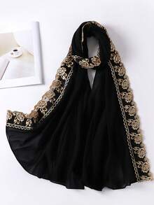 1 pieza Accesorio de velo de mujer con abaya de patchwork de encaje bordado de gasa - Negro - Ver 10
