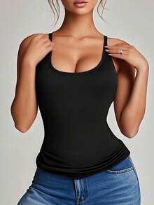 1pc Backless Casual Minimalist Sleeveless Loose Long Tank Top With Deep V Neckline - Black - View 7