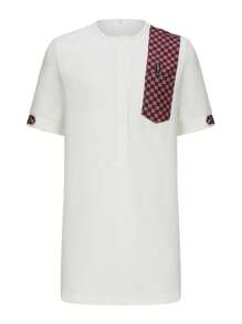 Conjunto de 2 piezas de túnica africana para hombre con camisa de manga corta con efecto de empalme y pantalones casuales - Vestimenta tradicional elegante para fiestas y festivales