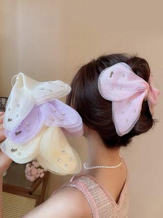 1pc Glamorous Butterfly Clip With Sparkling Rhinestones, Sheer Mesh Decor, High-End Elegant Hair Accessory For Casual, Party, Work, Vacation, Suitable For Various Outfits Summer, Claw Clip Fall Winter Hair Clip Hair Accessories For Women Bows