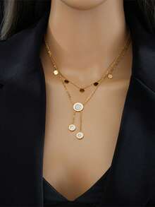 1 件双层不锈钢雕刻圆盘镀金链项链 - 白金多層 - 查看 4