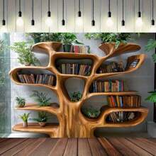 2D 1pc Tree-Shaped Bookshelf With Green Plants & String Lights – Rustic Fall Or Christmas Decor, Perfect For Cozy Reading Nooks, Party Backdrops, And Photography Props, Multiple Sizes Available, Book Deco