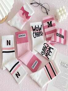 5 双字母条纹袜子，甜美可爱粉色系列中筒袜，女士长袜和袜子 - 彩色 - 查看 2