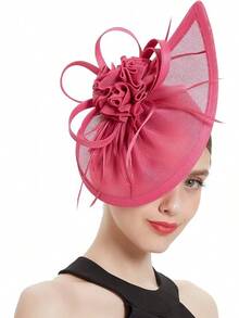 Ibeauti Fascinator Hats With Screentouch Lace Gloves Set Women Tea Party Cocktail Wedding Derby Headwear Short Gloves - 05 亮粉色 - 查看 3
