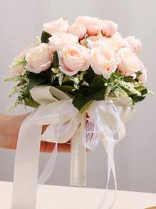 1PC Bridal Bouquet For Wedding; Lace Ribbon Tied Artificial White Rose Flower; Wedding Home Decoration; Wedding Ceremony; Bride's Hand-Held Flower; Church Wedding Ceremony Bridesmaid Prop; Outdoor Wedding Party Photography Decoration Prop