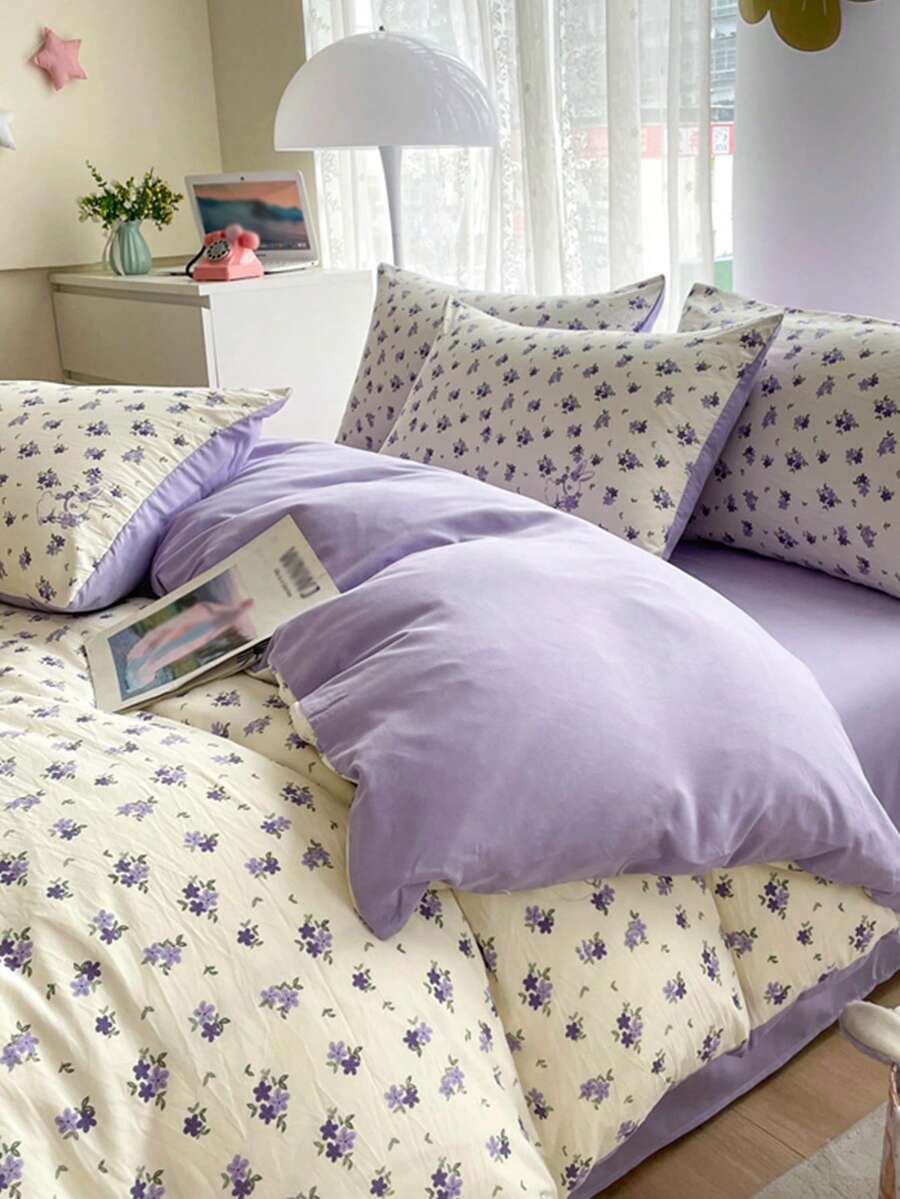 2/3件組 紫色花卉圖案 Twin XL 床上用品套組 超柔軟甜美可愛水洗被套與枕套組 春夏款 雙人/Queen/King尺寸可選 - 彩色 - 查看 1