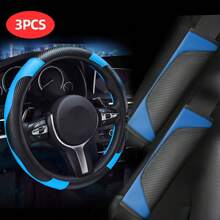 3pcs/Set PU Leather & Carbon Fiber Non-Slip Steering Wheel Cover + 2pcs Shoulder Pads Car Accessories Sets, Universal Fit, Adds Color To Your Car! Multiple Colors Available,Car Accessories