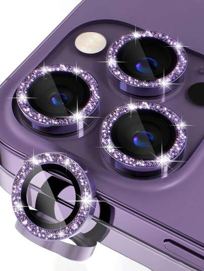 3 Pieces For IPhone 14 Pro/14 Pro Max/ 17/16 PRO MAX/16 PRO/15 PRO MAX/15 PRO/13 PRO MAX/13 PRO/12 PRO MAX/13 PRO/12 PRO /11 Camera Lens Protective Film, Suitable For IPhone Mobile Phone Lens Protective Film, 9H Tempered Glass Camera Cover Screen Protector Metal Independent Ring Protective Film Decorative Accessories, Purple Sequins
