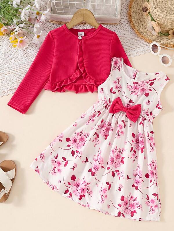 2 Stücke/Set Mädchen süßes Schmetterling & Blumen Kleid + Langarm Rüschen Strickjacke Outfit, Freizeitbekleidung, Frühling/Herbst, Outdoor