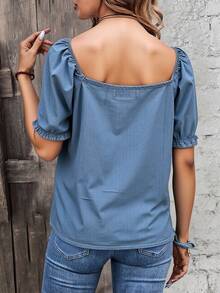 Blusa casual denim mezclilla ligera dama mujer cuello redondo botones decorativos manga corta elástico smog bajo amplio cómodo primavera verano calor día noche playa vacaciones comida fiesta - Azul lavado medio - Ver 2