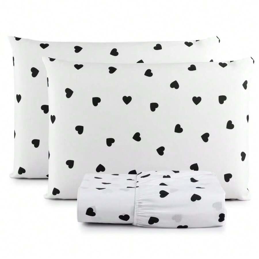 Single Sheet Set With 2 Pieces Printed Cotton Fabric With Elastic All Around And Pillowcase In Matchstick Stitch - Hitam dan Putih - View 1