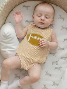 Newborn Football Outfit Baby Girl Boy Summer Romper Overalls Football Embroidery Stripe Print Sleeveless Round Neck Bodysuit Jumpsuit Summer Clothes - Apricot - View 2