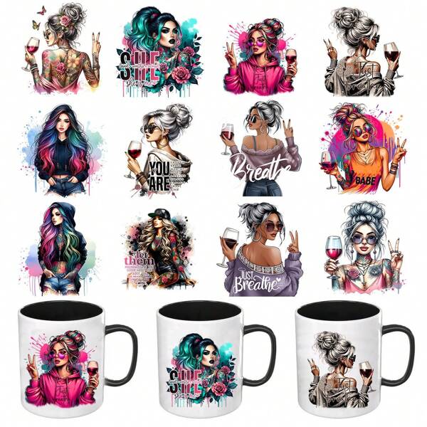 12PCS Cool Style Girls Just Breathe Girl UV DTF Transfer Paper - Waterproof Transfer Paper With Inspirational Quotes For Cups, Mugs, Bottles, School Supplies & DIY Crafts, Floral Design For Creative Decoration, For Girls