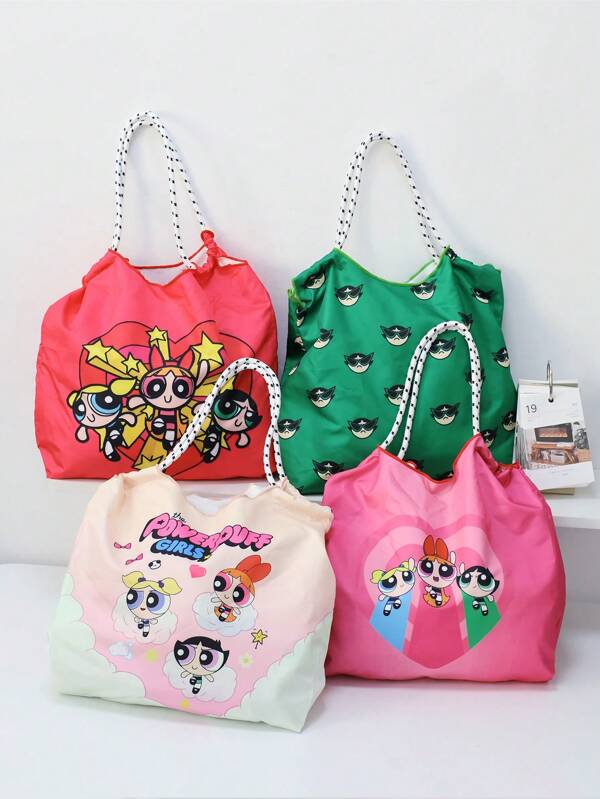 THE POWERPUFF GIRLS Simple Versatile Minimal Niche Large Capacity Shoulder Shopping Bag, Foldable Handbag, Casual Tote
