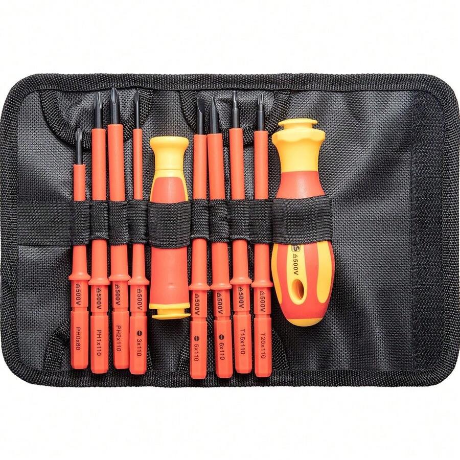 Insulated Screwdriver Set, 10 Pieces, Magnetic Tips, Ergonomic Rubber Handle With Storage Case - Black - View 1