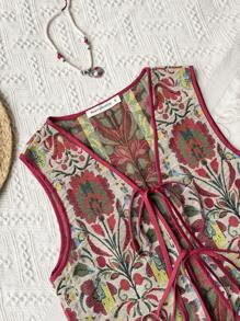 Rusttydustty Boho Embroidered Tie Waist Vest Vintage Jacquard Waistcoat Tie Front Top,Christmas, Thanksgiving, New Year Party Outfit