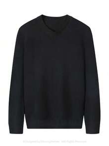 Suéter de punto de cuello en V de manga larga para hombre, para otoño e invierno - Negro - Ver 3