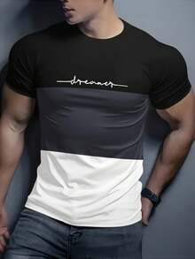 Summer Personalized Tri-Color Patchwork Short Sleeve T-Shirt, Versatile And Comfortable For Daily Wear, Street-Style Attractive Design, 100% Polyester, Smooth Texture, Breathable, Lightweight Fabric - Multicolor - View 4