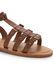 Women's Flat Gladiator Sandals With Buckle Strap And Studded Multi-Strap Design For Comfortable Summer Outfits - Coffee Brown - View 2