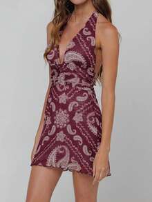 Womens Boho Floral Print Halter Neck Bodycon Dress Summer V Neck Sleeveless Backless Ruched Party Mini Dress Beach Vacation Sundress - 鏽棕色 - 查看 2