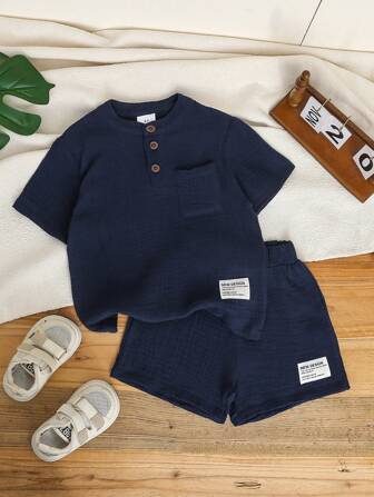 Set de 2 piezas de camiseta y pantalones cortos de unicolor informal para niños pequeños, de verano