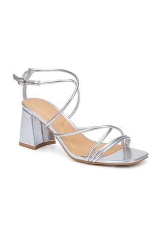 Women's Heeled Sandals With Buckle Strap In In Silver Metallic Polyurethane - Size US 5-10 / UK 3-8 / EU 36-41 - Ladies Elegant Fashionable Open Toe Summer Party Shoes Stylish Casual High Heel Footwear