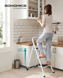 SONGMICS Step Ladder, 3-Step Ladder, Folding Ladder, Lock, Space-Saving Storage, Holds Up To 150 Kg, Simiply White - White - View 1