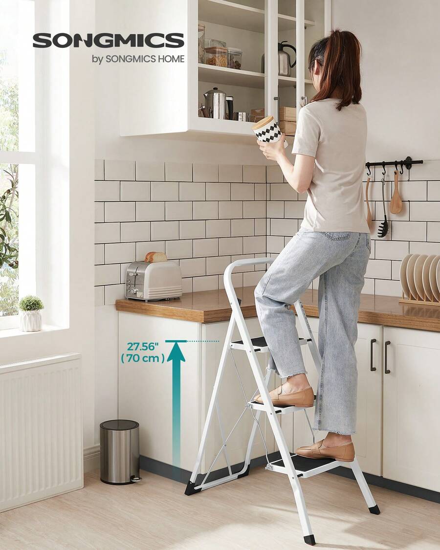 SONGMICS Step Ladder, 3-Step Ladder, Folding Ladder, Lock, Space-Saving Storage, Holds Up To 150 Kg, Simiply White - White - View 1