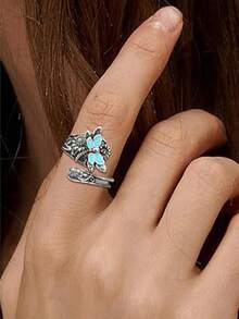 1 件复古独特波西米亚风格设计创意优雅多功能滴釉蝴蝶勺形可调节开口戒指，适合女性日常穿着、晚会配饰，送给家人和朋友的绝佳礼物 - 復古銀色 - 查看 4