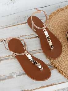 Summer New Women's Flat Sandals, Metal-Decorated Clasp Flip-Toe Sandals, Casual And Elegant Flip-Flops, Champagne-Colored Large-Sized Sandals - Sâm panh - Xem 4