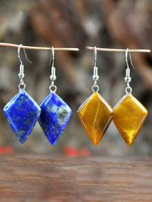 复古菱形天然石耳环、几何石英和虎眼石吊坠耳环（天然石颜色各异） - 彩色 - 查看 19