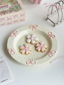 1pc Ins Style Cute Bow Ceramic Plate, Household Bow Design Tableware Ceramic Plate, Shallow Dish, Dessert & Fruit Plate, Breakfast Plate For Single Use - Multicolor - View 12