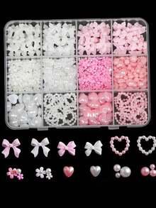 12件/盒 3D美甲装饰套装，包含树脂蝴蝶结美甲饰品、5款3D扁平珍珠（白色、蓝色、黑色、彩色、粉色美甲装饰水钻），适合女性和女孩，DIY美甲装饰钻石，美甲用品，适用于家庭美甲沙龙和手机，混合尺寸，美甲装饰宝石