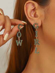 1 对西部牛仔女牛仔字母设计水晶镶嵌耳环，适合女性、日常和节日礼物 - 字母耳環 - 查看 7