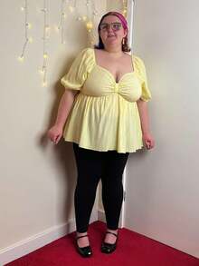 Enliva Abidrinkell Plus Size Solid Color Women Puffy Sleeve Bow Front Peplum Peasant Casual Summer Shirt, Yellow, Back To School Cute Lunch Casual Clothes For Easter, For Apple Rounded Body Shape - Yellow - View 5