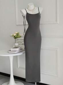 女士纯色露背细肩带连衣裙优雅鱼尾下摆无袖紧身礼服适合度假、约会、日常穿着、派对、俱乐部女士服装、节日、春夏女士长裙