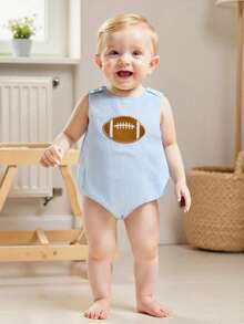 Newborn Football Outfit Baby Girl Boy Summer Romper Overalls Football Embroidery Stripe Print Sleeveless Round Neck Bodysuit Jumpsuit Summer Clothes - 藍色 - 查看 4