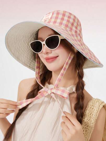 Hats For Woman Plaid Large Brim Bucket Hats, Outdoor Wear Fashion With Sun Hat, Double-Sided Wear, Suitable For Daily Use, Beach Vacation, Outdoor Travel, Leisure Shopping