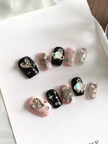 Un conjunto de colores negro y rosa, planeta dulce y fresco, uñas postizas hechas a mano lindas y dulces para chicas, salto de color negro clásico y fresco, adecuado para fiestas, cumpleaños y otras ocasiones, suministros de uñas - Multicolor - Ver 3