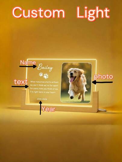 1 đèn cho thú cưng tùy chỉnh, đèn ảnh và văn bản được cá nhân hóa, hoàn thiện thủ công mịn với ánh sáng ấm áp, hoàn hảo cho những người bạn thân nhất, thú cưng, món quà hoàn hảo cho Ngày tình yêu và Giáng sinh, Ngày của Cha